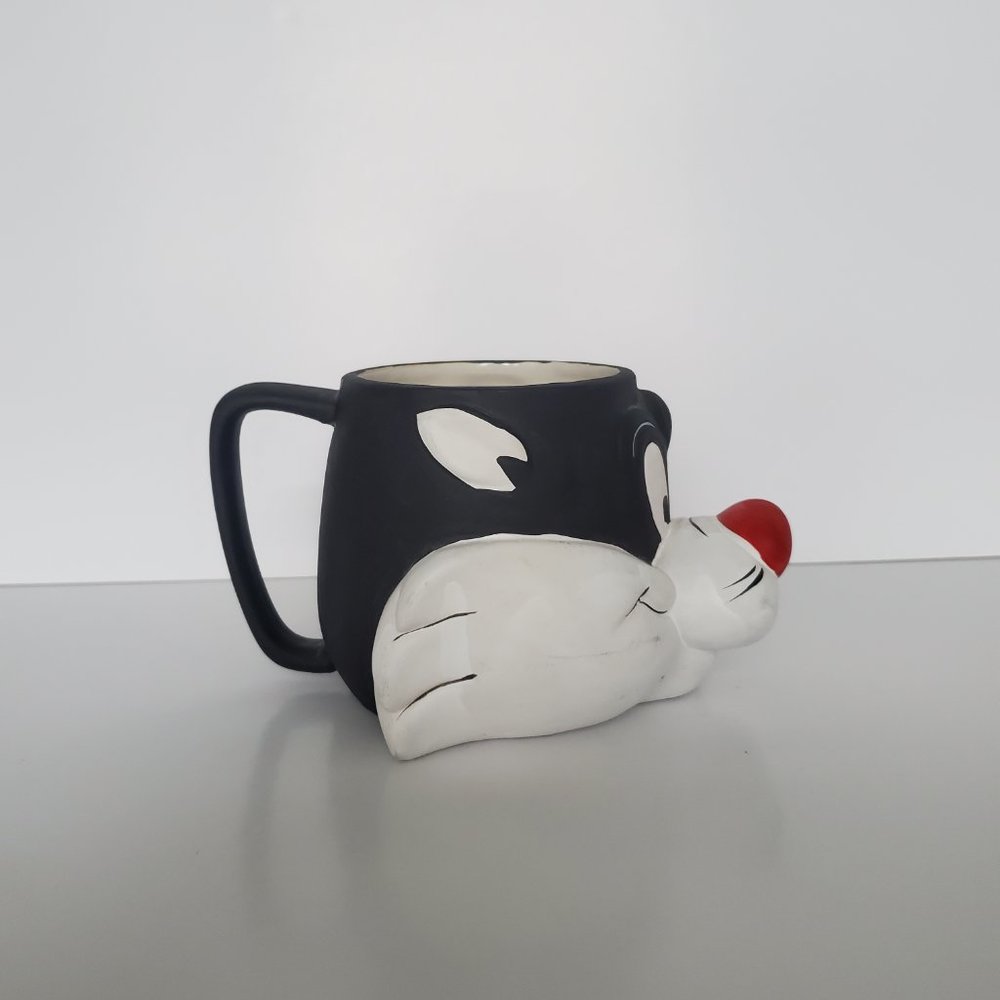 Whimsy Sylvester Cat Style Pottery Mug Hand Painted Matte Glaze 3D Art Design